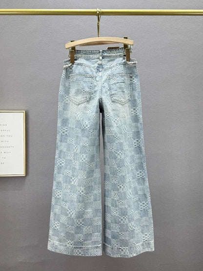 Plaid denim wide-leg pants for women 2025 spring new style high waist loose slim European goods hot diamond hollow plus length pants