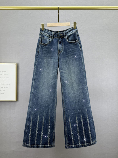 Loose denim wide-leg pants for women 2025 autumn new style high waist slim ins European goods hot diamond mopping trousers