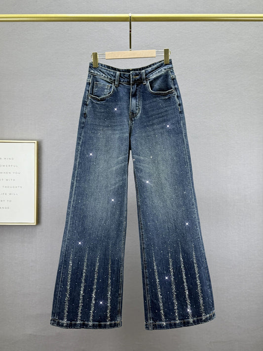 Loose denim wide-leg pants for women 2025 autumn new style high waist slim ins European goods hot diamond mopping trousers