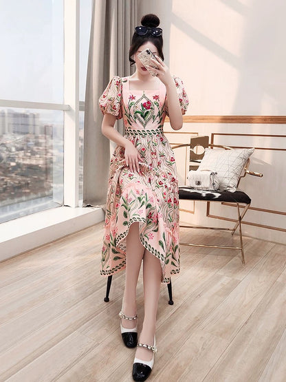 Heavy industry skirt with diamonds 2024 new women's summer mid-length pink floral square collar small fresh dress
