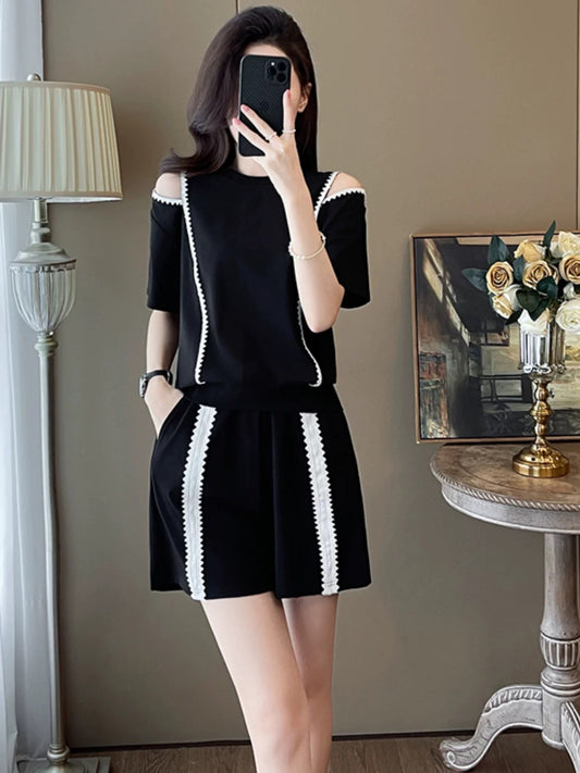 Summer new design niche leisure sports suit black off-shoulder short-sleeved top shorts two-piece suit women's clothing