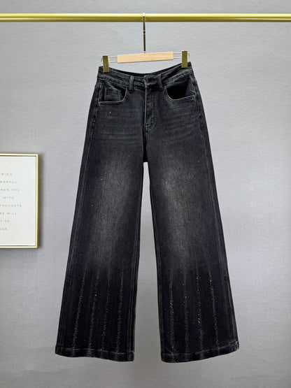 Loose denim wide-leg pants for women 2025 autumn new style high waist slim ins European goods hot diamond mopping trousers