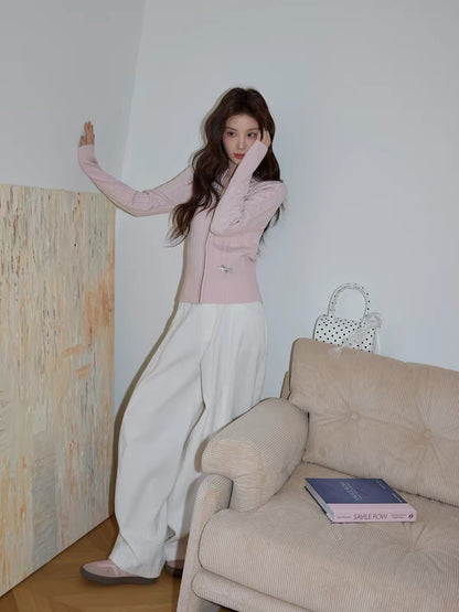 Chaochao's White Corduroy High-Waisted Wide-Leg Casual Trousers – Women's Spring 2026 Premium Loose, Relaxed-Fit Floor-Length Tailored Pants