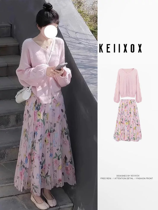 Tea-style outfit: a complete set of knitted sweaters and skirts, two-piece suits, charming floral skirts, new styles for early spring