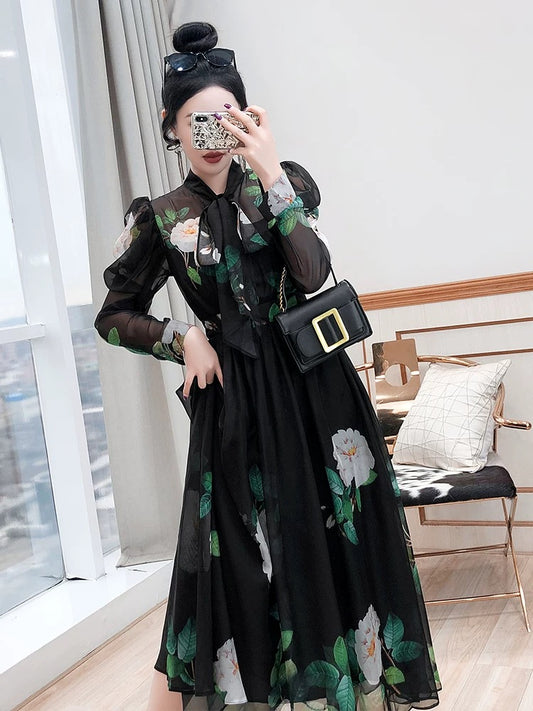 Temperament long skirt autumn 2024 new women's beautiful long-sleeved French lady printed black chiffon dress
