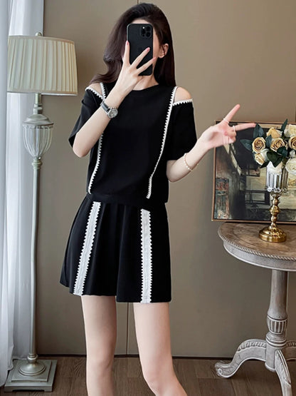 Summer new design niche leisure sports suit black off-shoulder short-sleeved top shorts two-piece suit women's clothing