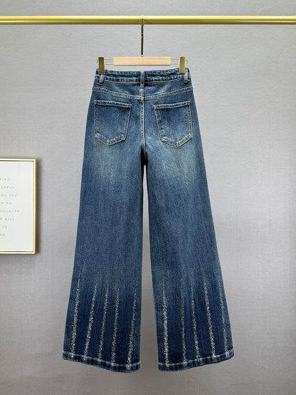 Loose denim wide-leg pants for women 2025 autumn new style high waist slim ins European goods hot diamond mopping trousers