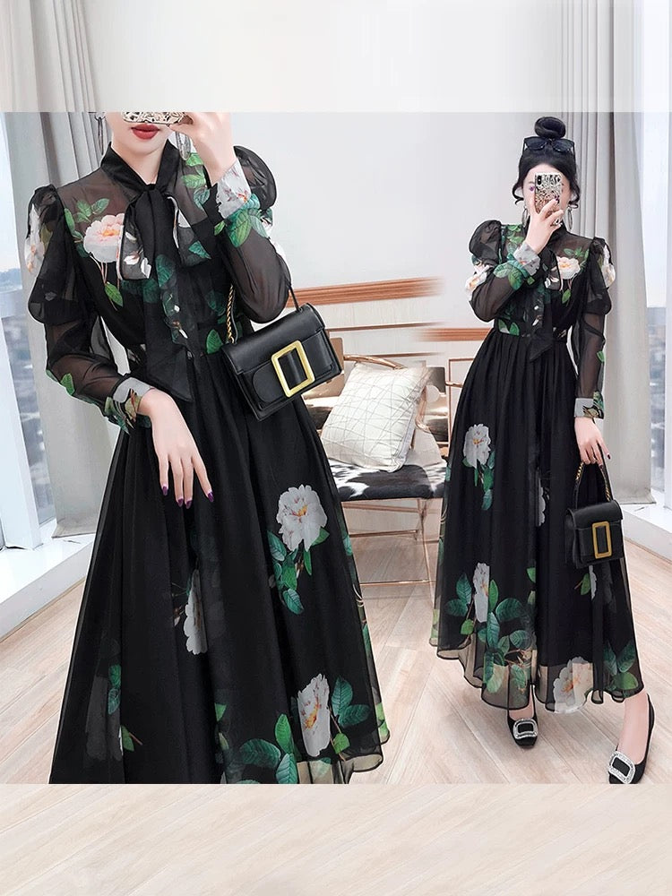 Temperament long skirt autumn 2024 new women's beautiful long-sleeved French lady printed black chiffon dress