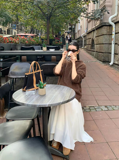 pusumede Moonlight Waltz Women's White High-Waisted A-Line Maxi Skirt – Loose, Flared, and Elegant with a Beautiful Drape