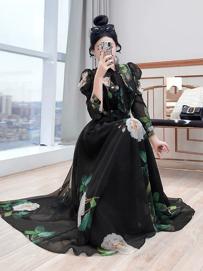 Temperament long skirt autumn 2024 new women's beautiful long-sleeved French lady printed black chiffon dress