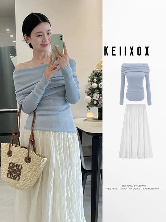 Spring outfit: a set of petite, gentle, fashionable, age-reducing one-shoulder knitted tops and skirts, two-piece suits