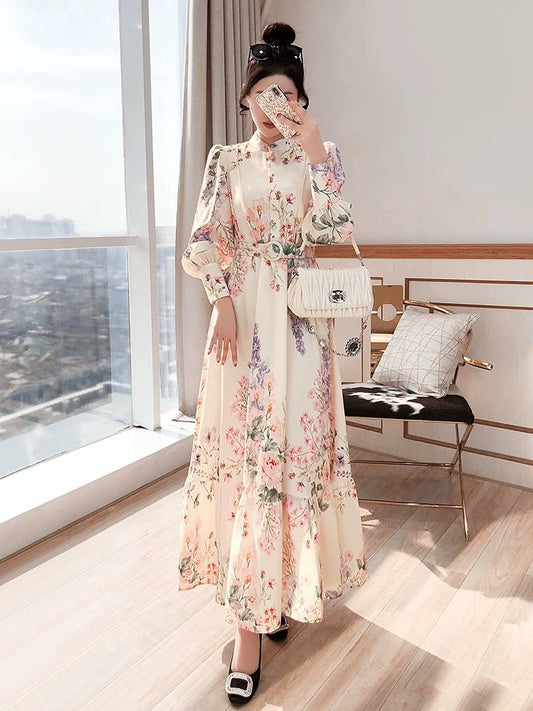 Floral Skirt Long Skirt Autumn 2024 New Women's Long Shirt Style Retro Waist Slim Floral Dress