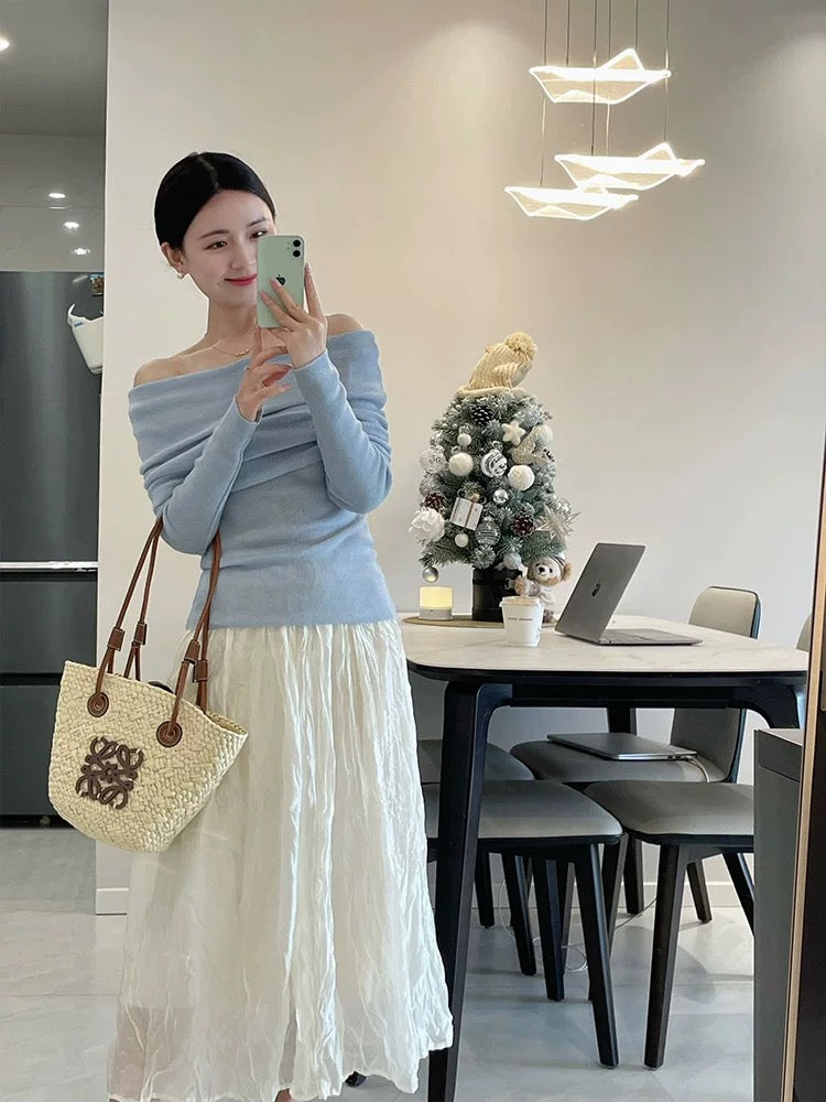 Spring outfit: a set of petite, gentle, fashionable, age-reducing one-shoulder knitted tops and skirts, two-piece suits