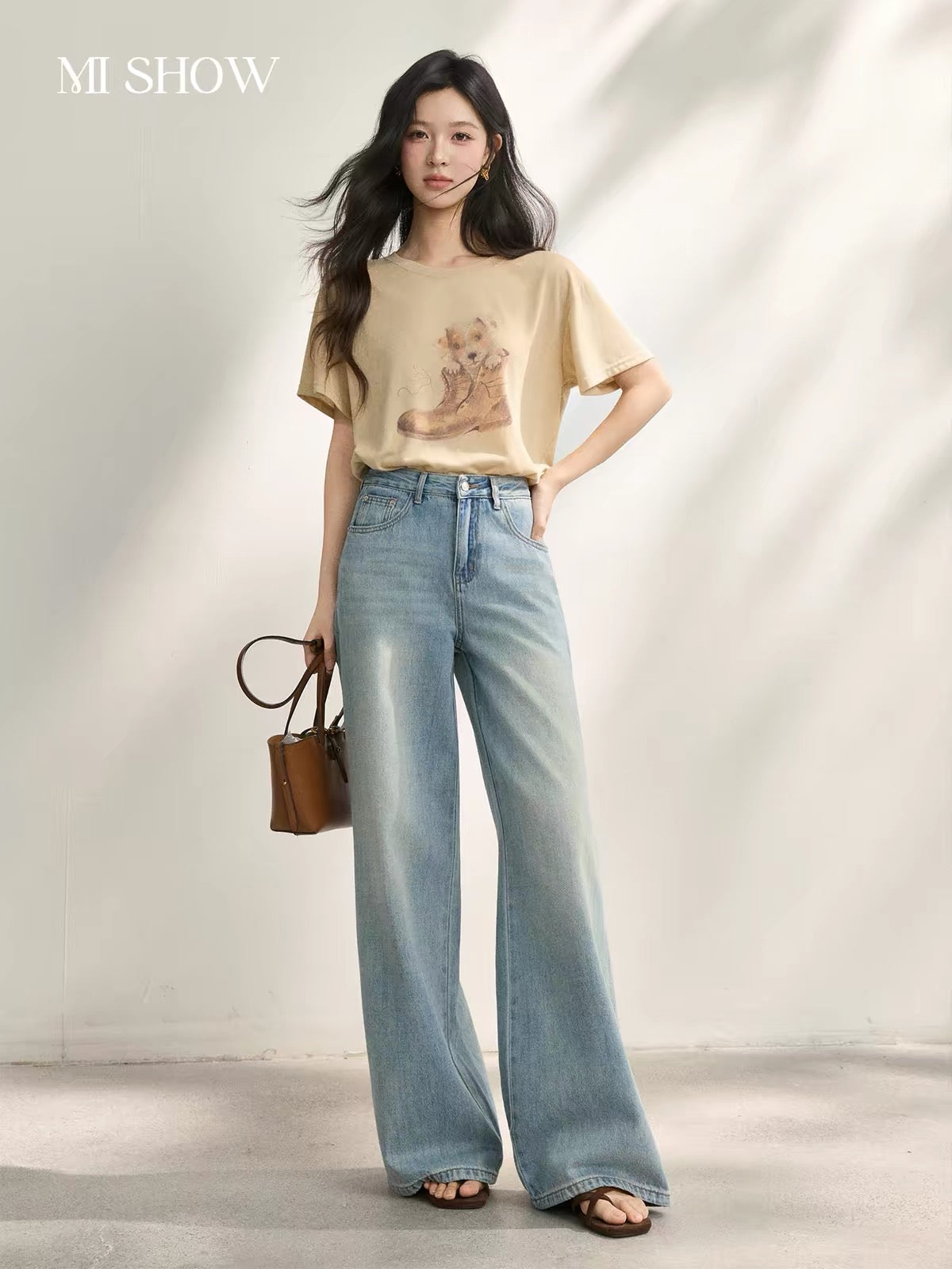 Mixiu Women's Light Blue Straight-Leg Jeans – Summer 2026 New Vintage-Style Distressed Cotton Denim; High-Waisted, Slimming Fit.