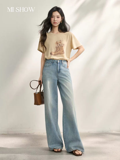 Mixiu Women's Light Blue Straight-Leg Jeans – Summer 2026 New Vintage-Style Distressed Cotton Denim; High-Waisted, Slimming Fit.