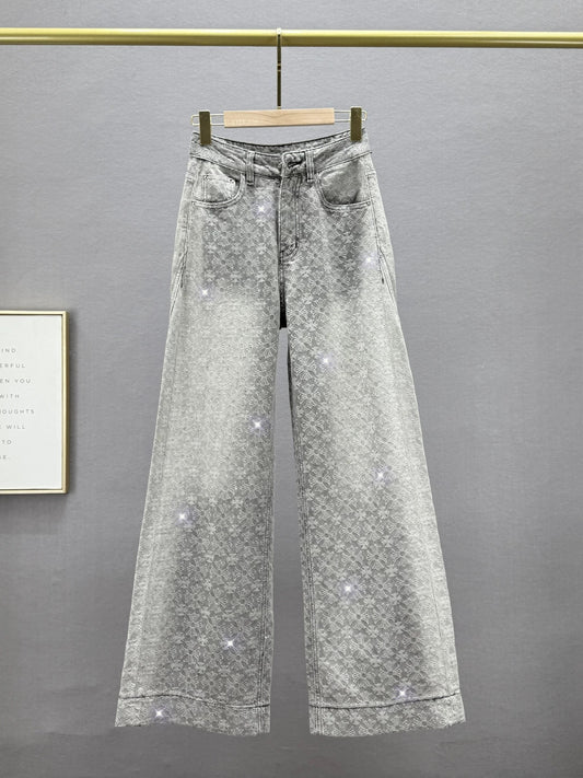 Heavy-duty hot diamond denim wide-leg pants for women 2025 spring new style high waist loose slim European jacquard plus length pants