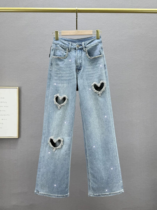 Hollow denim straight pants women's 2025 spring and summer new high waist slim fit ins European goods hot diamond trousers