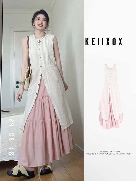 New Chinese style small sleeveless shirt dress summer French layered vest dress outfit suit waist long skirt