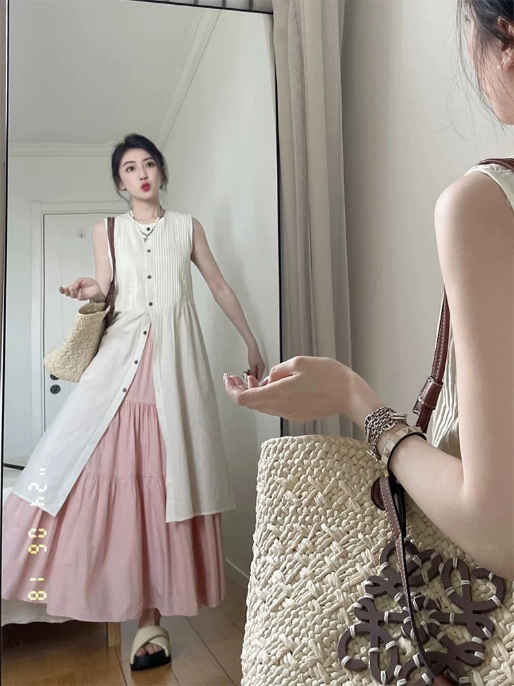New Chinese style small sleeveless shirt dress summer French layered vest dress outfit suit waist long skirt