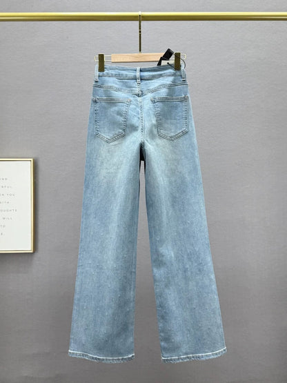 Hollow denim straight pants women's 2025 spring and summer new high waist slim fit ins European goods hot diamond trousers