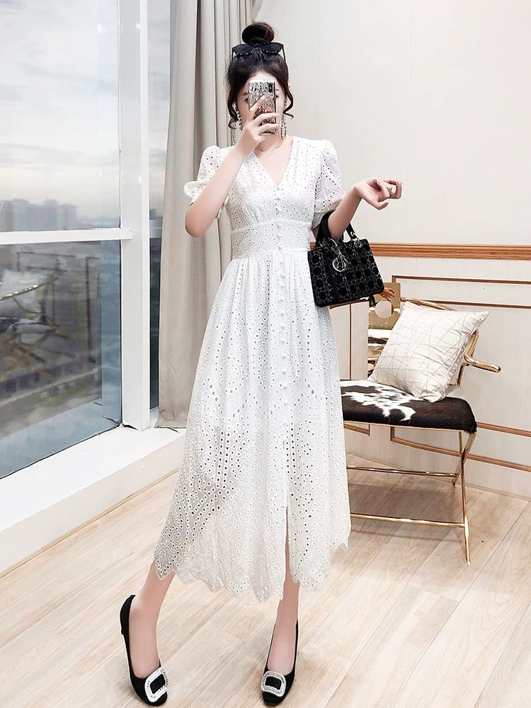Long skirt women's summer 2024 new princess skirt holiday hollow embroidered beach skirt seaside white dress