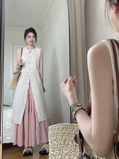 New Chinese style small sleeveless shirt dress summer French layered vest dress outfit suit waist long skirt