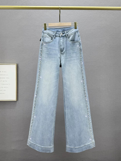 Heavy-duty hot diamond jeans for women 2025 spring and summer new style high waist loose slim European goods wide leg plus length pants