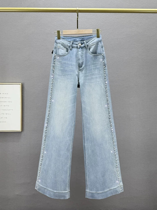 Heavy-duty hot diamond jeans for women 2025 spring and summer new style high waist loose slim European goods wide leg plus length pants