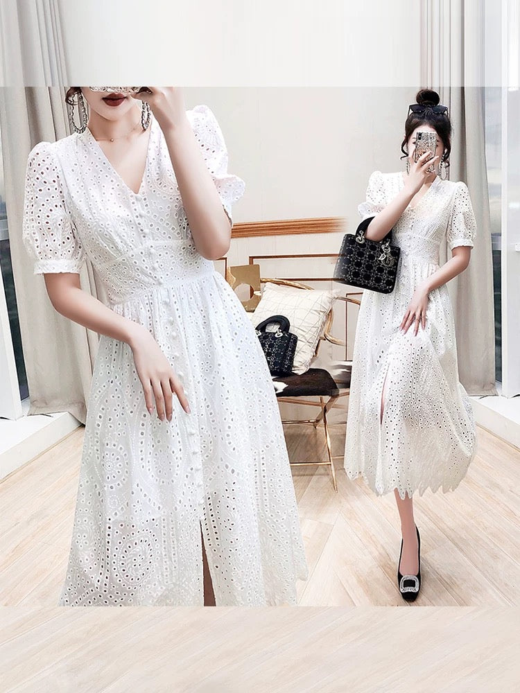 Long skirt women's summer 2024 new princess skirt holiday hollow embroidered beach skirt seaside white dress