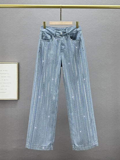 Heavy-duty diamond-covered wide-leg jeans for women, 2025 spring new style, high-waisted, loose and slim European goods, long floor-length pants