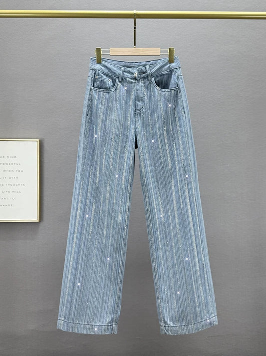 Heavy-duty diamond-covered wide-leg jeans for women, 2025 spring new style, high-waisted, loose and slim European goods, long floor-length pants