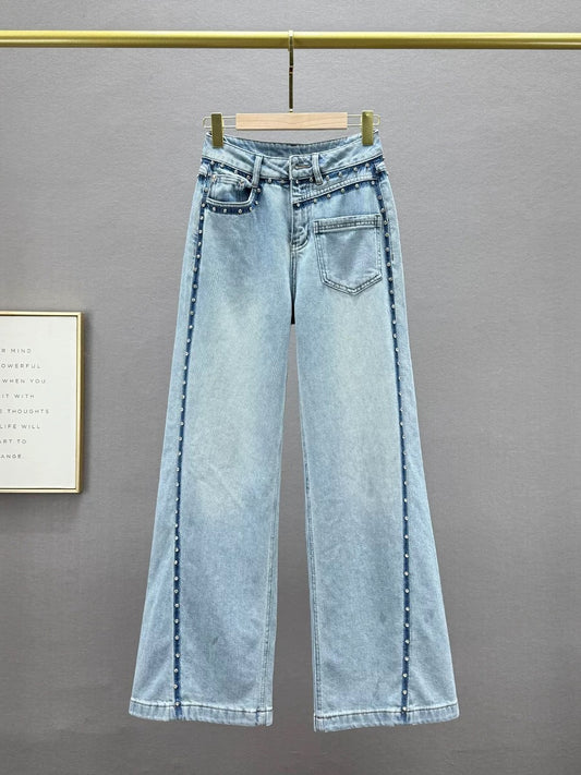 2025 Spring New Diamond Design Denim Wide Leg Pants Women's High Waist Loose Slim European Style Mopping Pants