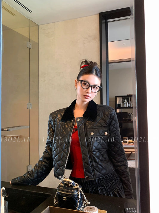 1302LAB Diamond Pattern Velvet Patchwork Short Fleece-Lined Premium PU Leather Jacket, New Autumn/Winter Style
