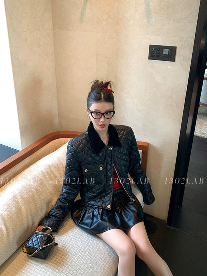 1302LAB Diamond Pattern Velvet Patchwork Short Fleece-Lined Premium PU Leather Jacket, New Autumn/Winter Style