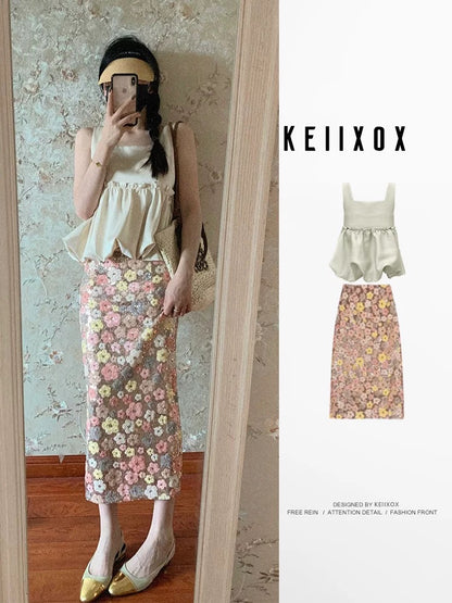 Summer new French sleeveless tops sequined floral skirt salty light mature two-piece suit small people bomb the street