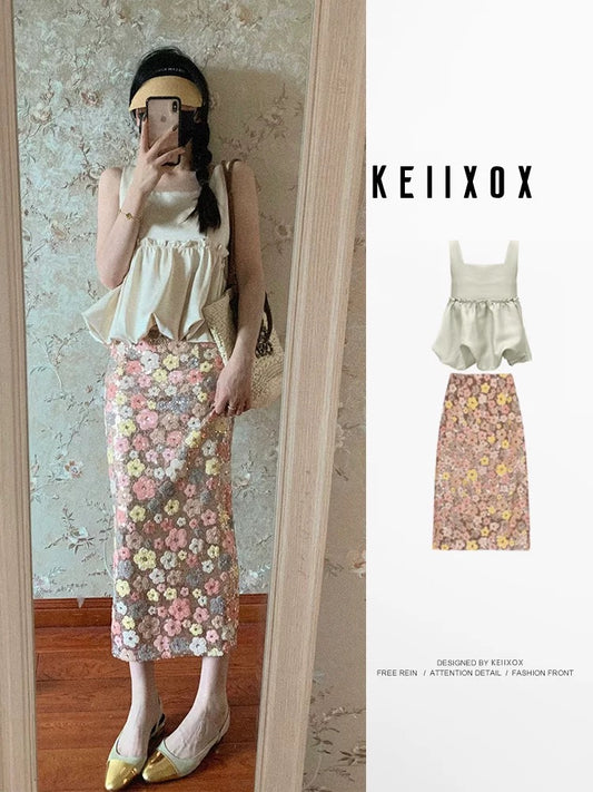 Summer new French sleeveless tops sequined floral skirt salty light mature two-piece suit small people bomb the street