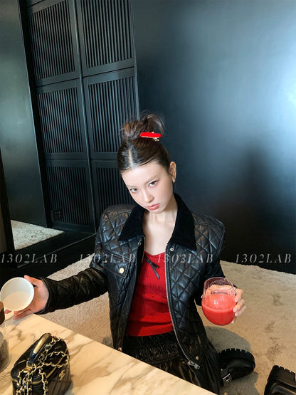 1302LAB Diamond Pattern Velvet Patchwork Short Fleece-Lined Premium PU Leather Jacket, New Autumn/Winter Style
