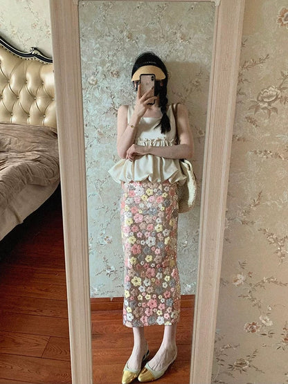 Summer new French sleeveless tops sequined floral skirt salty light mature two-piece suit small people bomb the street