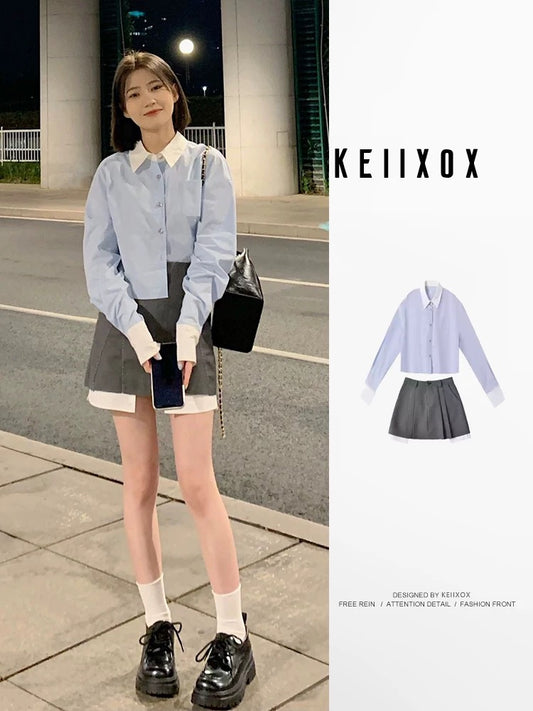 Winter wear a complete set of high-end college style suits for small people long-sleeved shirt top skirt two-piece suit