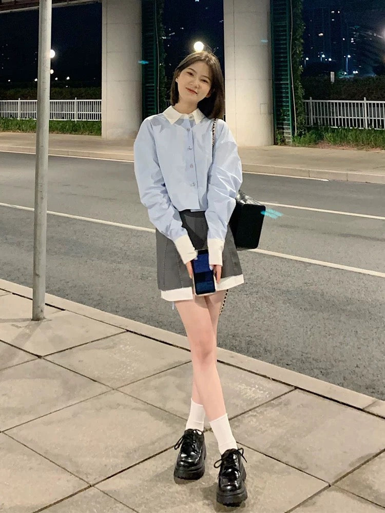 Winter wear a complete set of high-end college style suits for small people long-sleeved shirt top skirt two-piece suit