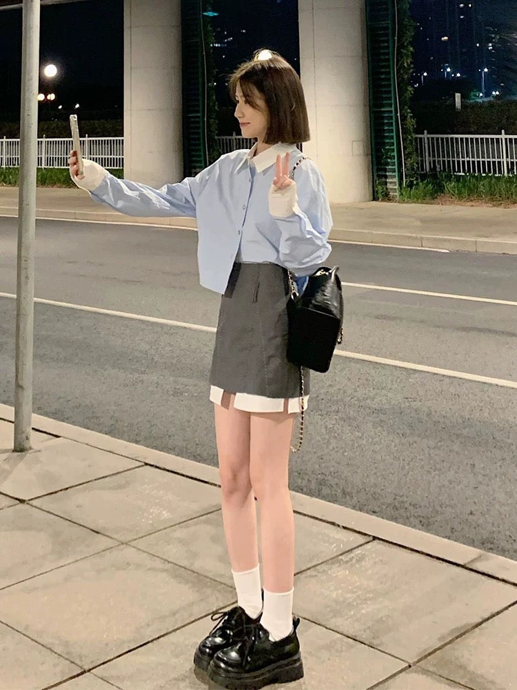 Winter wear a complete set of high-end college style suits for small people long-sleeved shirt top skirt two-piece suit