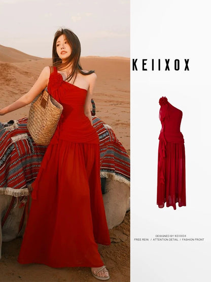 French red rose sleeveless strappy dress for women in summer, high-end waist-length dress with sexy tail