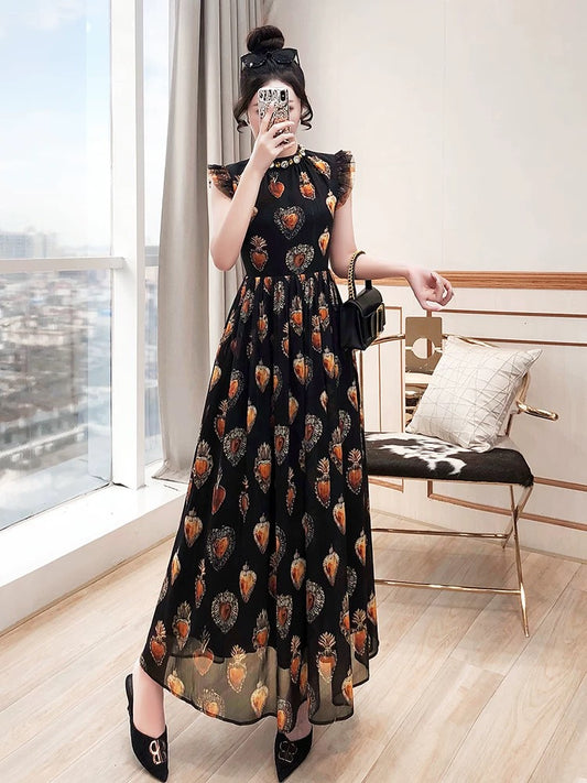 Long skirt for tall people to ankles 2024 new women's summer chiffon print temperament body-covering slimming dress