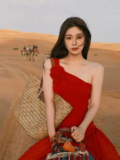 French red rose sleeveless strappy dress for women in summer, high-end waist-length dress with sexy tail