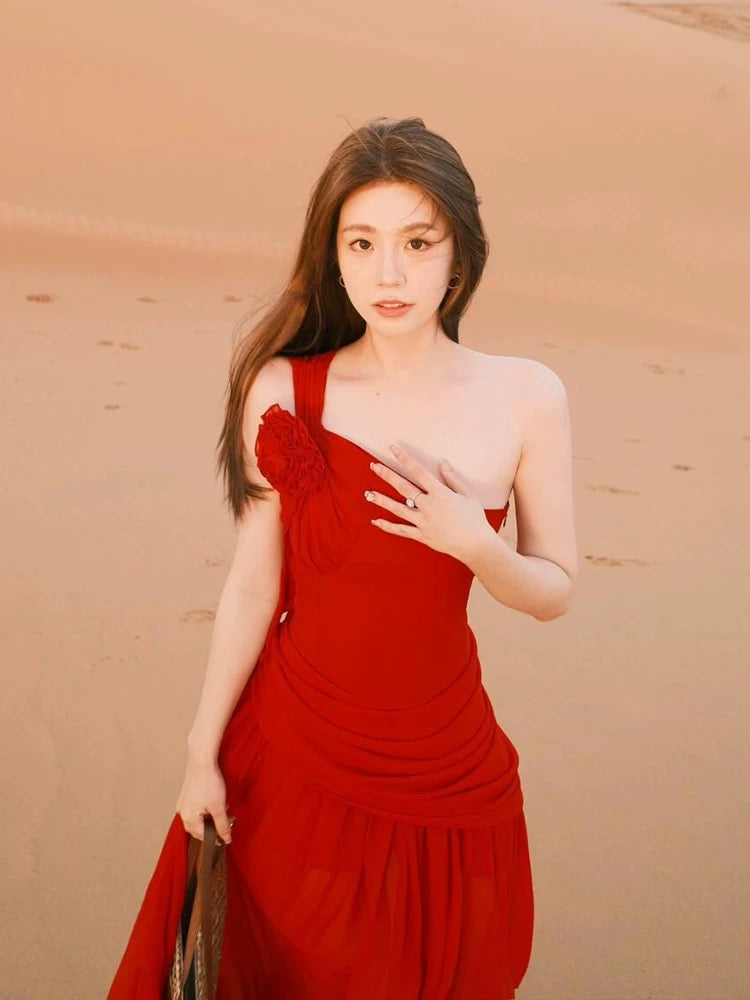 French red rose sleeveless strappy dress for women in summer, high-end waist-length dress with sexy tail