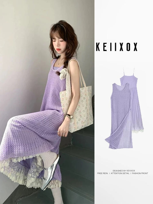 Purple hollow knitted cardigan vest dress for women summer thin outer wear slim seaside holiday style long skirt