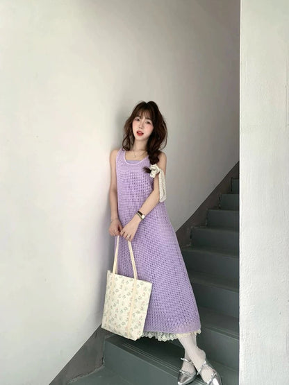Purple hollow knitted cardigan vest dress for women summer thin outer wear slim seaside holiday style long skirt