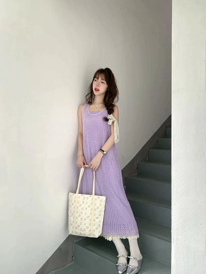 Purple hollow knitted cardigan vest dress for women summer thin outer wear slim seaside holiday style long skirt