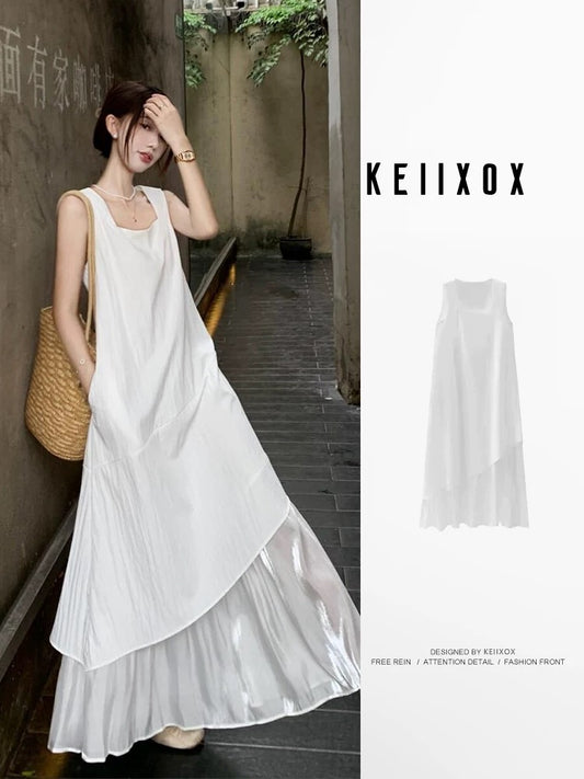 French irregular hem splicing vest dress women's summer temperament design fake two-piece patchwork long skirt