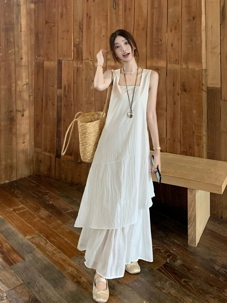 French irregular hem splicing vest dress women's summer temperament design fake two-piece patchwork long skirt
